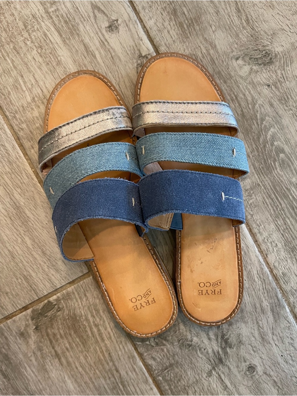 Frye Three-Strip Slide Sandals in Navy, Light Blue and Silver size 6.5